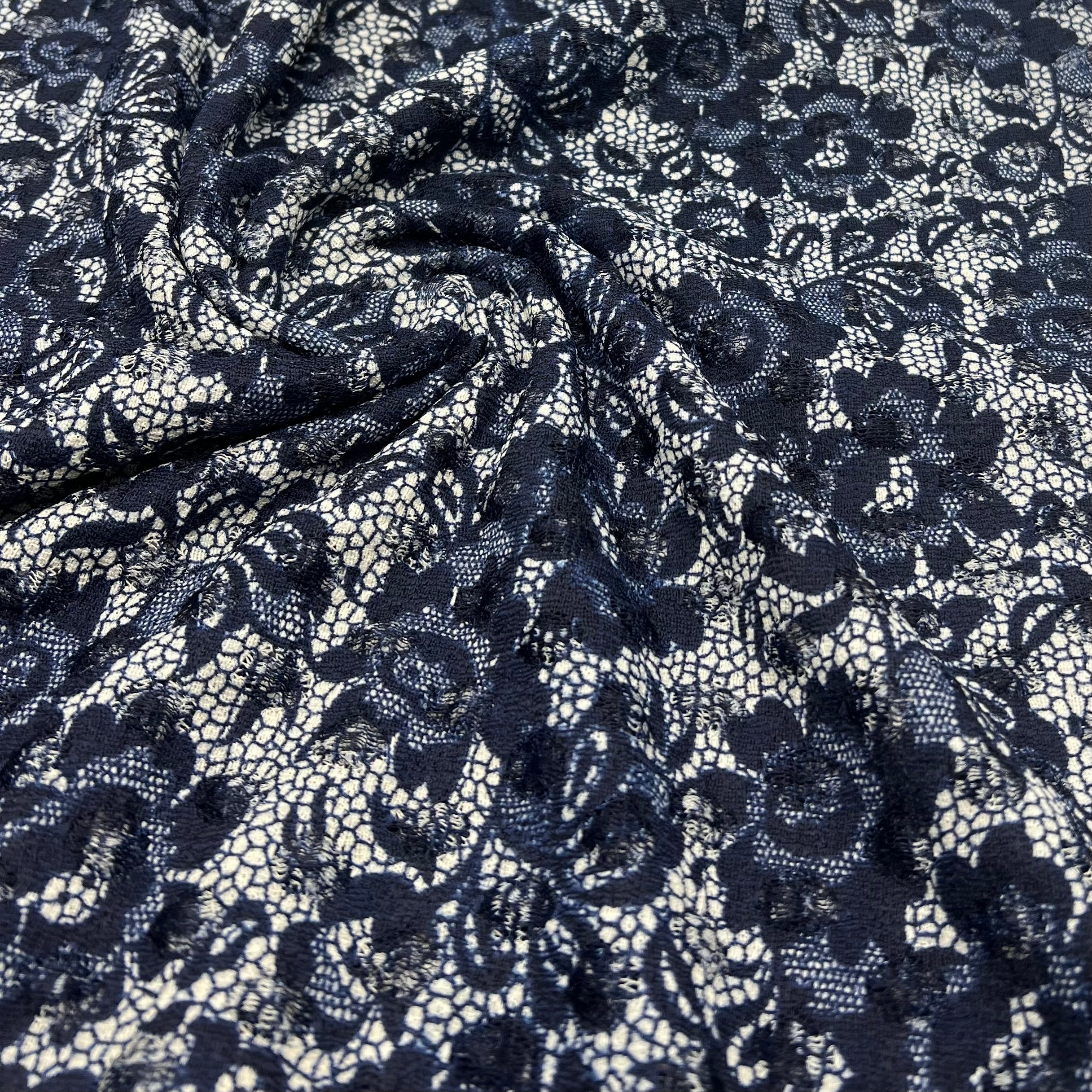 Navy Beige Floral Lace Fabric Stretch